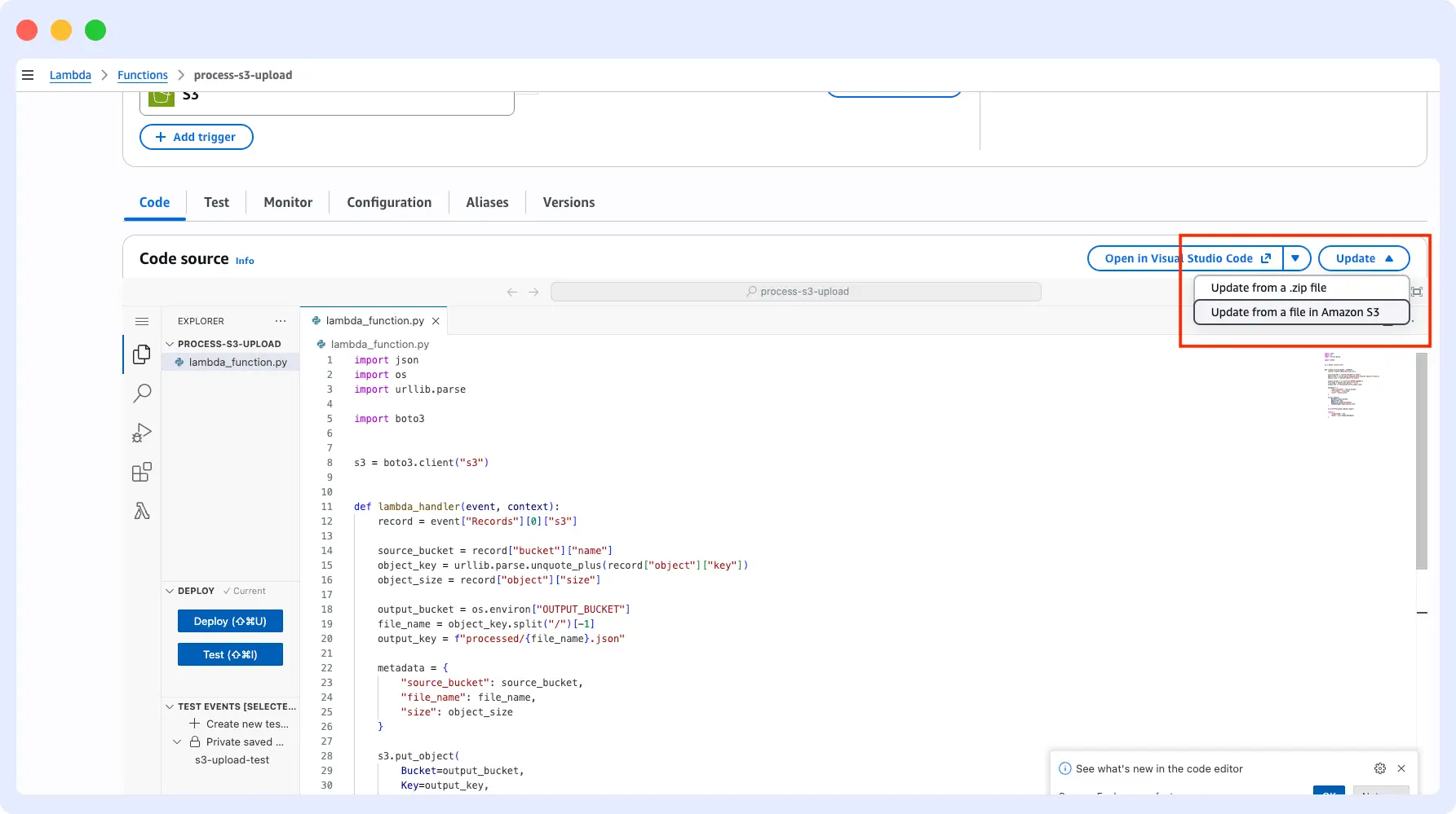 AWS Lambda code editor showing the handler code for the S3 upload function with the Update from a zip file option open