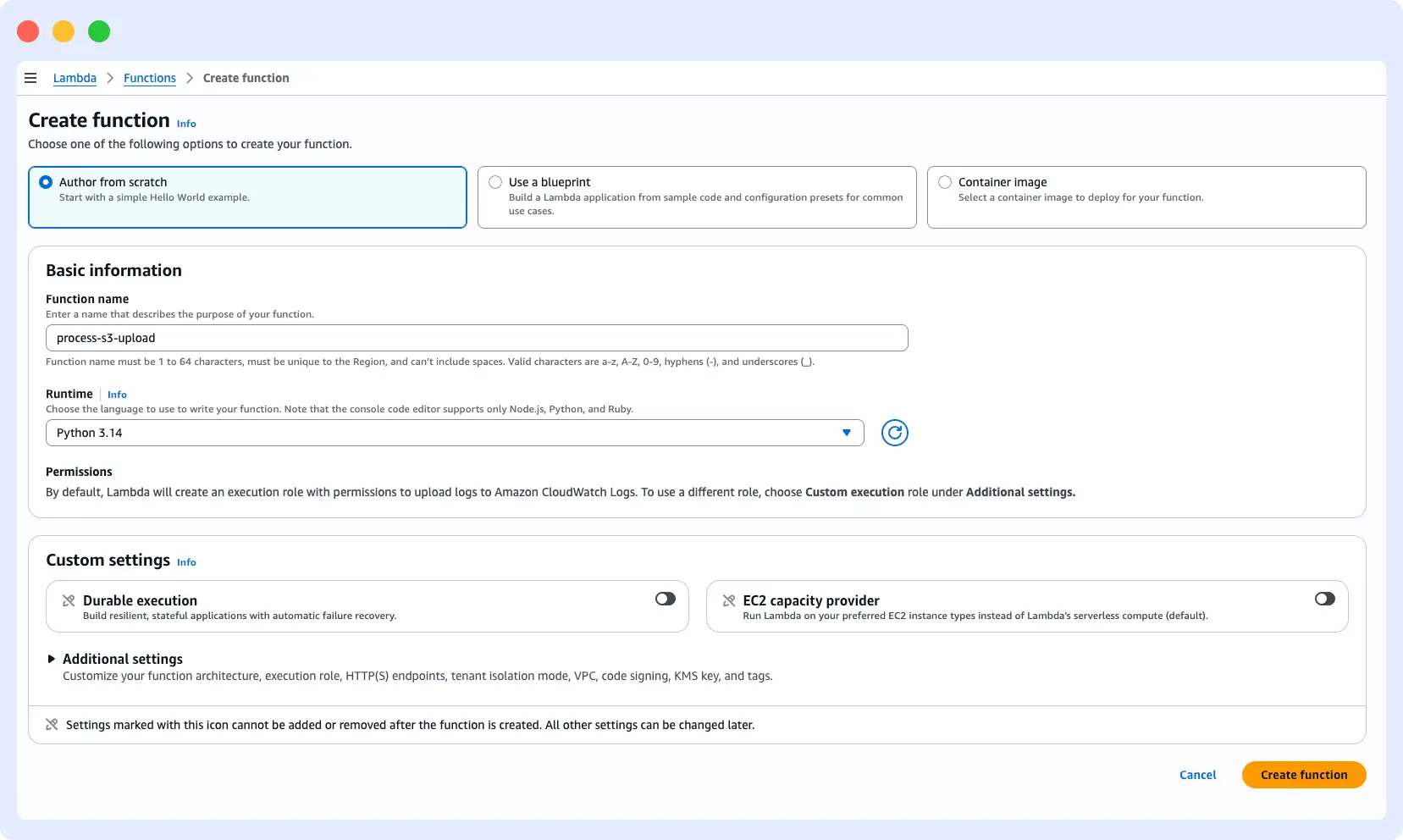 AWS Lambda console Create function page with Python 3.14 runtime selected