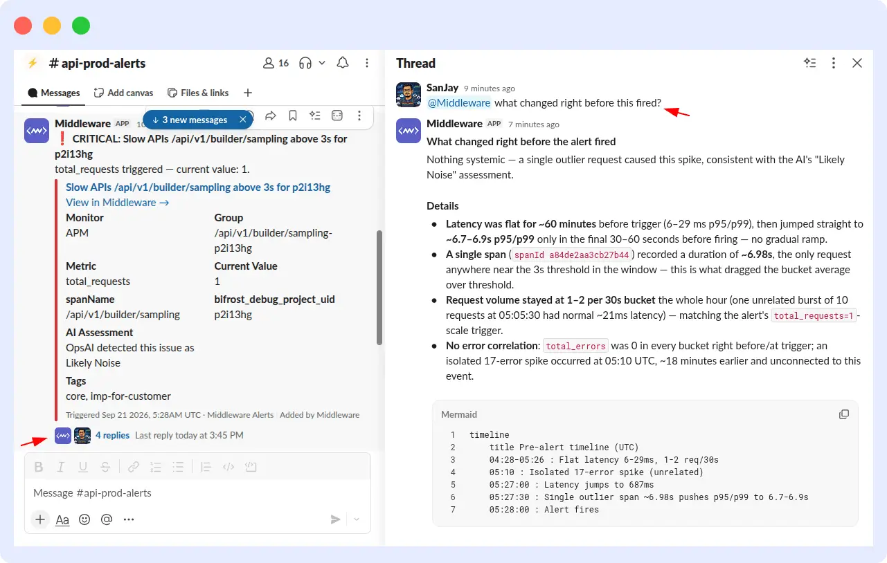 OpsAI investigating an alert directly in a Slack thread