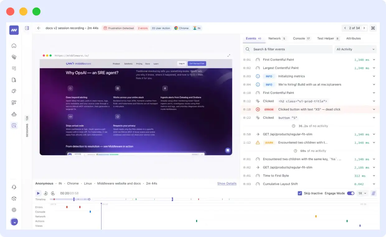 Five-lane timeline showing errors, console, network, actions, and views synced to one clock