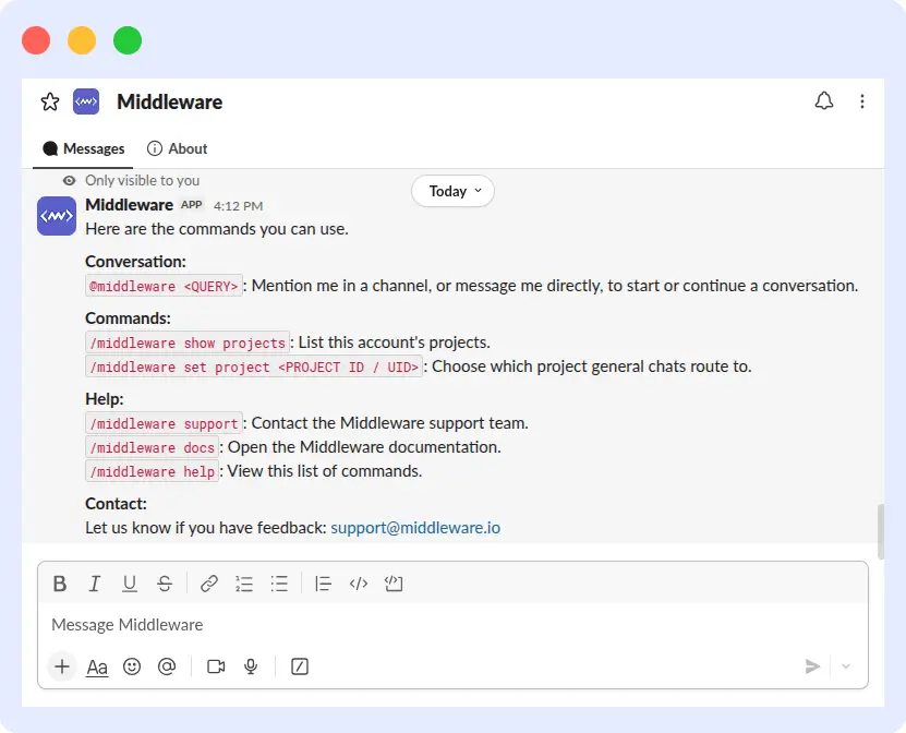 Available /middleware slash commands in Slack